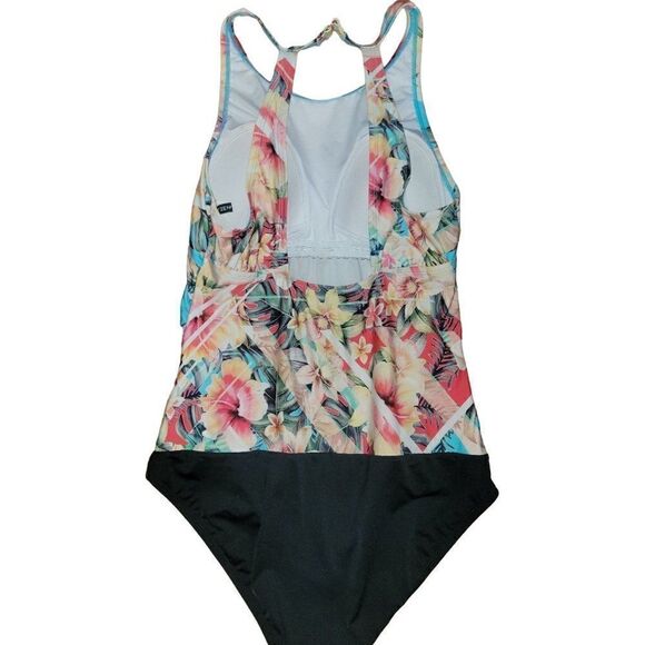 JANTZEN One Piece Haulter Hawaiian Floral Swimsuit Women's Size 12 - Picture 2 of 3
